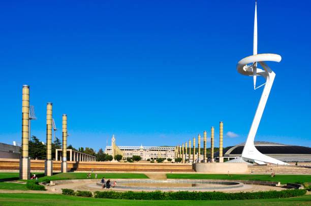 Barcelona, Spain - August 17, 2014: View of the Olympic Park in Barcelona, Spain, formed by the Montjuic Communications Tower, the Palau Sant Jordi arena and the Barcelona Olympic Stadium