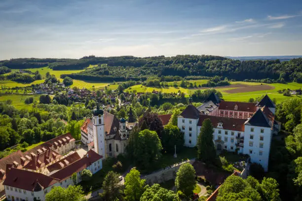 Drone aerial view from the basilica church at Weingarten ,Germany