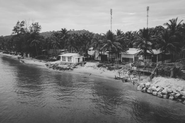 Black and white Drone shot from a beach cabin at Phu Quoc, Vietnam