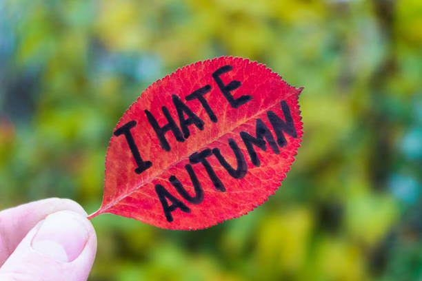 istock Leaf with inscription text - i hate autumn. Red leaf in hand close-up symbolizing dislike for the autumn season. Autumn goodbye concept. 1284213389