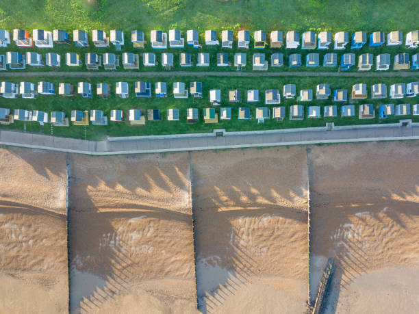 Whitstable beach huts aerial drone shot Whitstable beach huts aerial drone shot beach hut photos stock pictures, royalty-free photos & images
