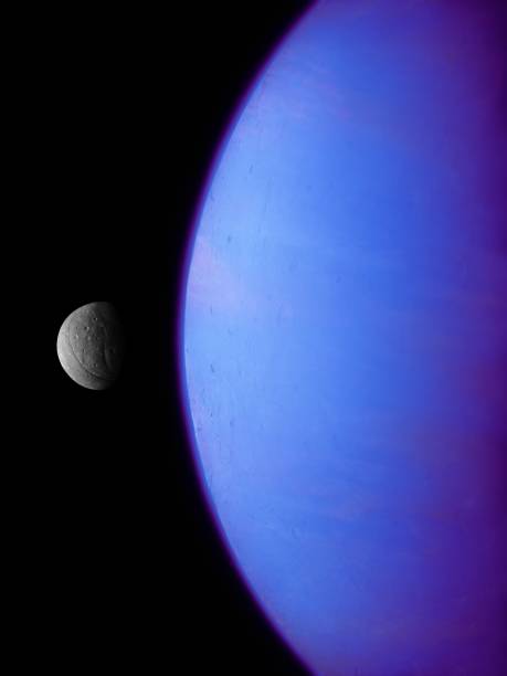 istock Bright blue planet with large satellite and atmosphere in deep space 1284214197
