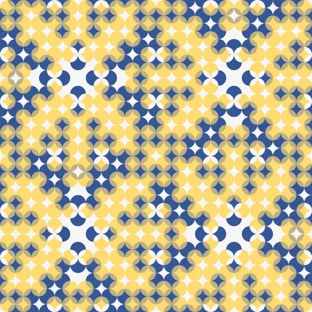 Vector illustration of Optical illusion geometric seamless pattern. Regular vector grid texture in white, blue and yellow.