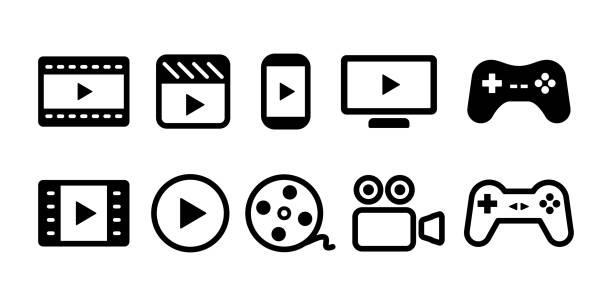 ilustrações de stock, clip art, desenhos animados e ícones de video movie vod streaming button play button icon set vector illustration. white black color - playback