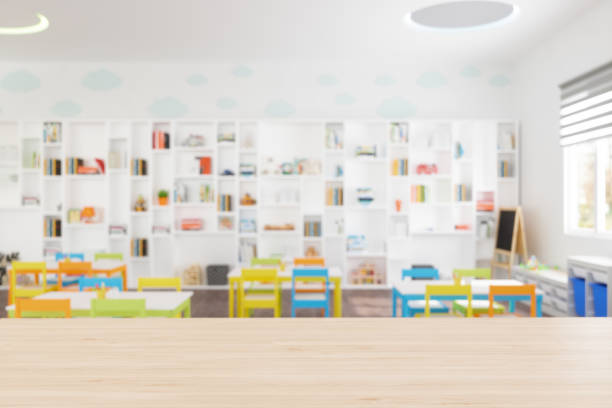 istock Wood Empty Surface And Modern Kindergarten At Background 1284216223
