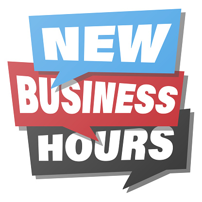 NEW BUSINESS HOURS notice in speech bubbles, sign or sticker vector illustration