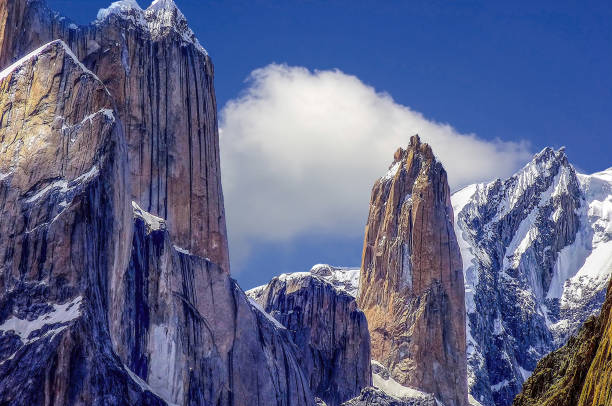 Trango towers Rock formation in the karakoram range The Trango Towers 6,286 meters high are a family of rock towers situated in Gilgit-Baltistan, in the north of Pakistan. The Towers offer some of the largest cliffs and most challenging rock climbing in the world. k2 mountain panorama stock pictures, royalty-free photos & images