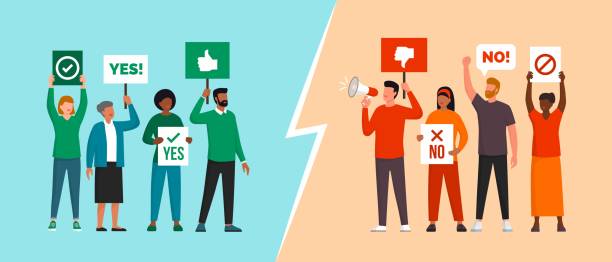 Two groups of activists protesting against each other Two groups of activists protesting against each other and supporting opposite causes, conflict and disagreement concept politics illustrations stock illustrations