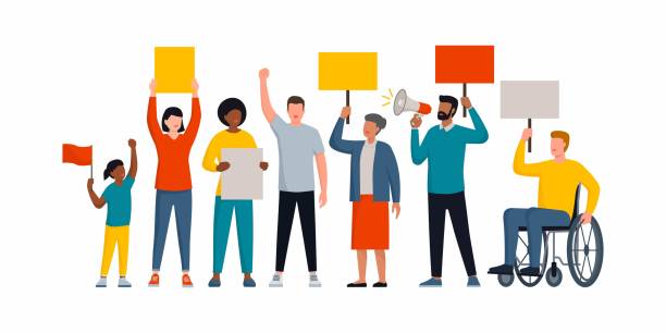 Diverse people holding signs and protesting together Group of diverse people holding signs and protesting together, social movements and rights concept disabled adult stock illustrations