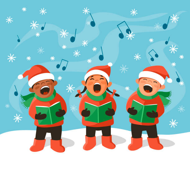 illustrazioni stock, clip art, cartoni animati e icone di tendenza di bambini in babbo natale cappello cantando canti - singing