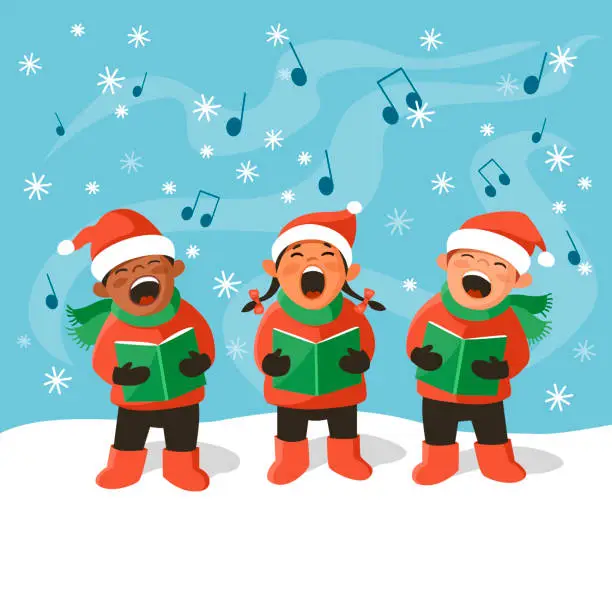 Vector illustration of Children in santa claus hat singing carols