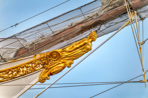 closeup on figurehead or ship bow figure of famous tall ship juan sebastian de elcano - industry szczecin europe nautical vessel imagens e fotografias de stock