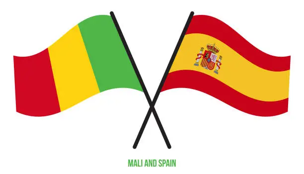 Vector illustration of Mali and Spain Flags Crossed And Waving Flat Style. Official Proportion. Correct Colors.
