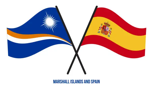 Vector illustration of Marshall Islands and Spain Flags Crossed & Waving Flat Style. Official Proportion. Correct Colors.