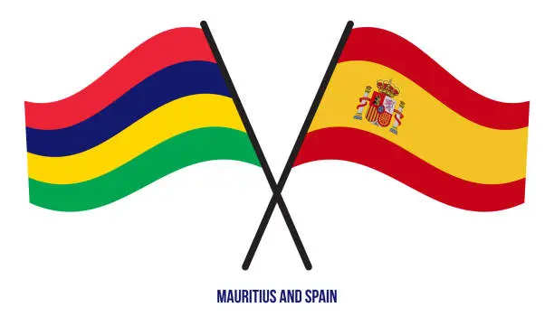 Vector illustration of Mauritius and Spain Flags Crossed And Waving Flat Style. Official Proportion. Correct Colors.