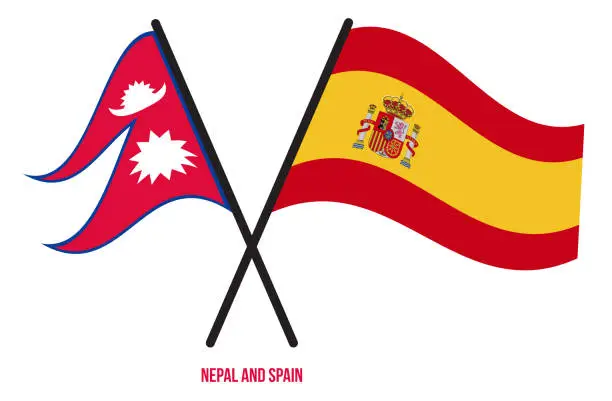 Vector illustration of Nepal and Spain Flags Crossed And Waving Flat Style. Official Proportion. Correct Colors.
