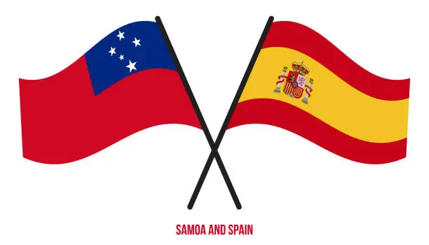 Vector illustration of Samoa and Spain Flags Crossed And Waving Flat Style. Official Proportion. Correct Colors.