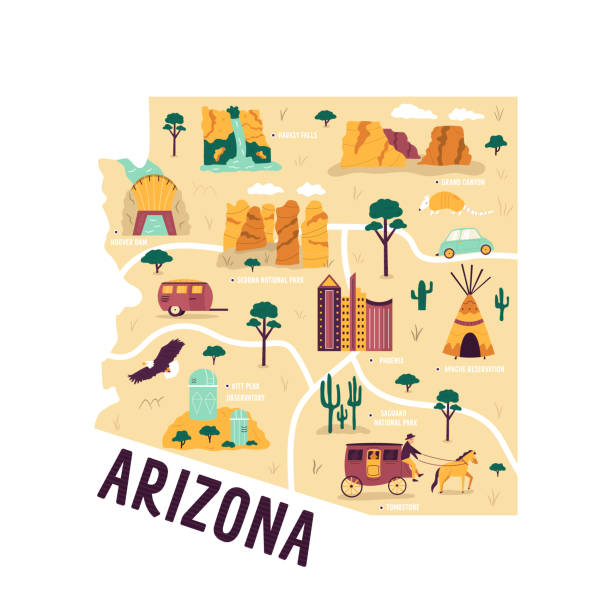 ilustrated karte von arizona state, usa, mit berühmten sehenswürdigkeiten, städte - grand canyon stock-grafiken, -clipart, -cartoons und -symbole