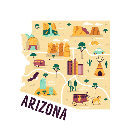 Illustrated map of Arizona state, USA, with famous landmarks, cities. Vector hand drawn illustration, poster, decoration
