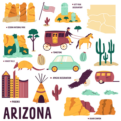 Set of symbols, landmarks, objects of Arizona State, USA. Vector collection of icons