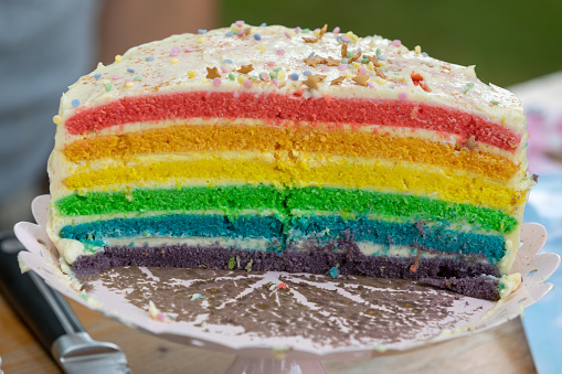 Close shot of a colorful cake.