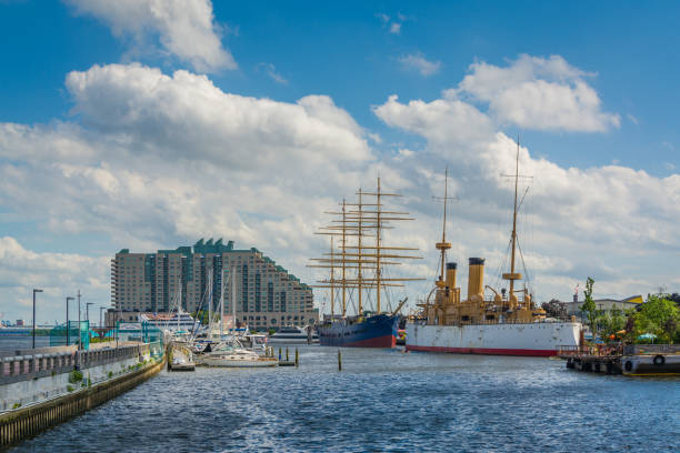 View of ships and buildings at Penns Landing, in Philadelphia, Pennsylvania stock photo
