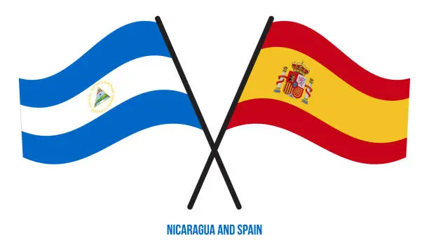 Vector illustration of Nicaragua and Spain Flags Crossed And Waving Flat Style. Official Proportion. Correct Colors.