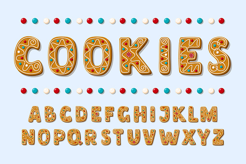 Set of alphabet holidays gingerbread cookies. Christmas abc letters font. Vector Illustration..