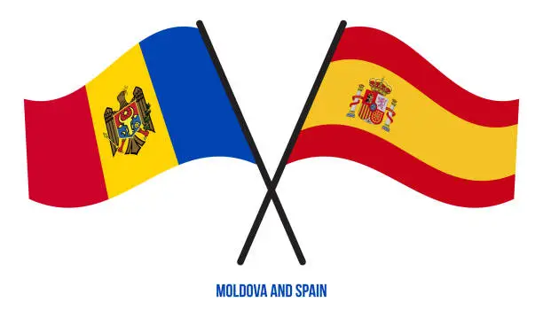 Vector illustration of Moldova and Spain Flags Crossed And Waving Flat Style. Official Proportion. Correct Colors.