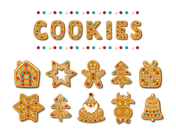 Set of christmas gingerbread. Festive homemade sweets. Santa, gingerbread man, christmas tree, bull, bell, ctar, house. Vector illustration Set of christmas gingerbread cookies. Festive homemade sweets. Santa, gingerbread man, christmas tree, bull, bell, ctar, house. Vector illustration. christmas cookies stock illustrations