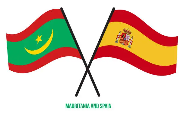 Vector illustration of Mauritania and Spain Flags Crossed And Waving Flat Style. Official Proportion. Correct Colors.