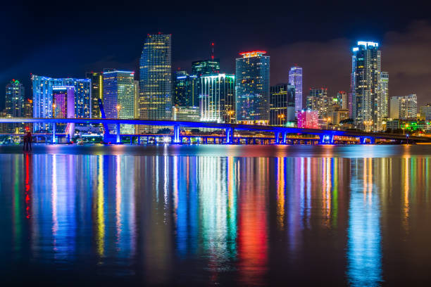 The Miami Skyline at night, seen from Watson Island, Miami, Florida stock photo