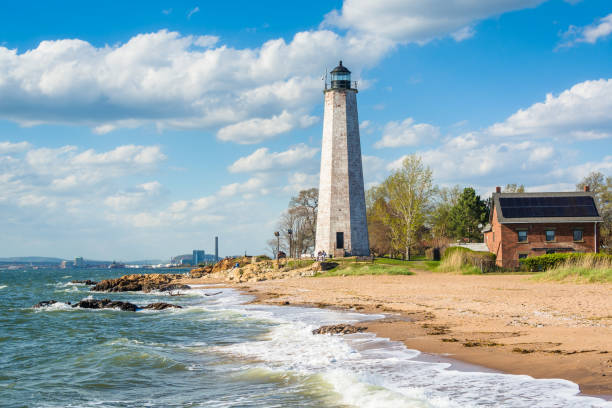 The New Haven Lighthouse, at Lighthouse Point Park in New Haven, Connecticut stock photo