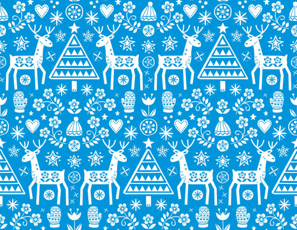 рождественский вектор народного искусства бесшовный узор с оленями, цветами, рождеством и дизайном зимней одежды в белом на синем фоне - с р - white denmark nordic countries winter stock illustrations