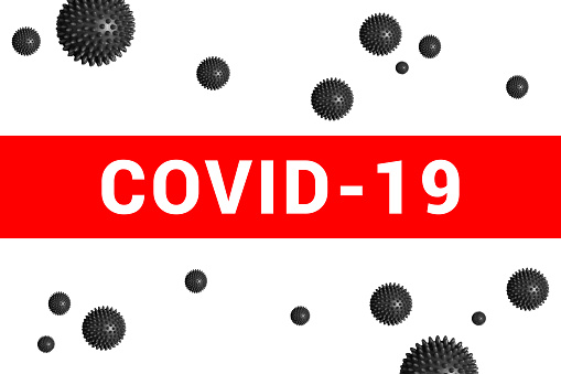 Bright red headline with inscription COVID-19 on white with abstract virus strain model. Coronavirus confirmed as pandemic by World Health Organization