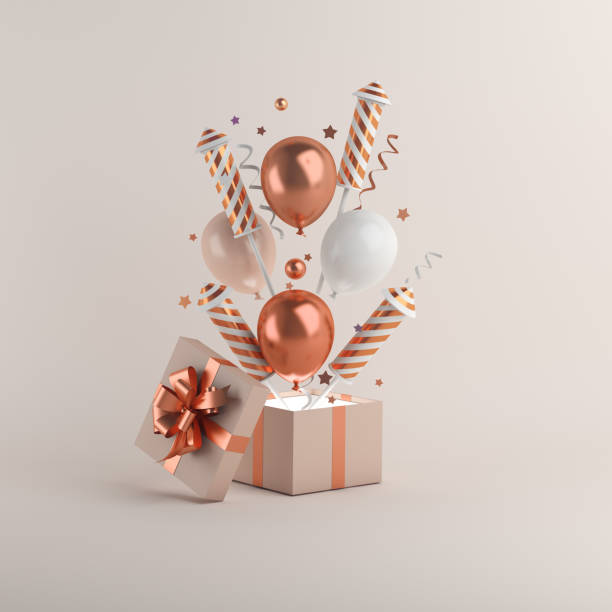 istock Happy new year 2021 background concept with gift box, firework rocket, balloon, ribbon, 3D rendering illustration 1284226656