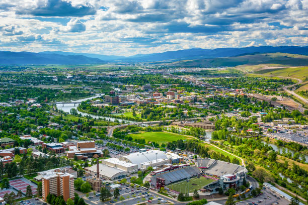 View of Missoula from Mount Sentinel, in Missoula, Montana View of Missoula from Mount Sentinel, in Missoula, Montana montana western usa photos stock pictures, royalty-free photos & images