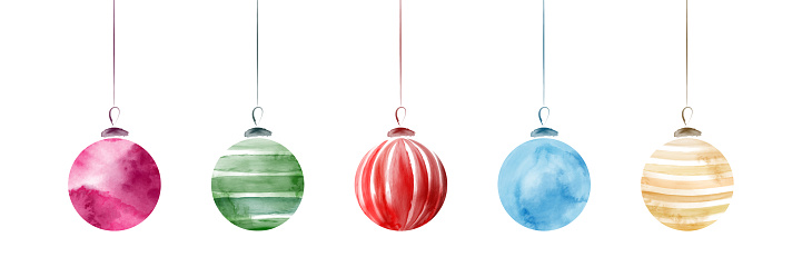 Set of creative christmas balls with bright watercolor hand-painted isolated on white background. Vector illustration art used for decoration design about festival celebration Christmas.