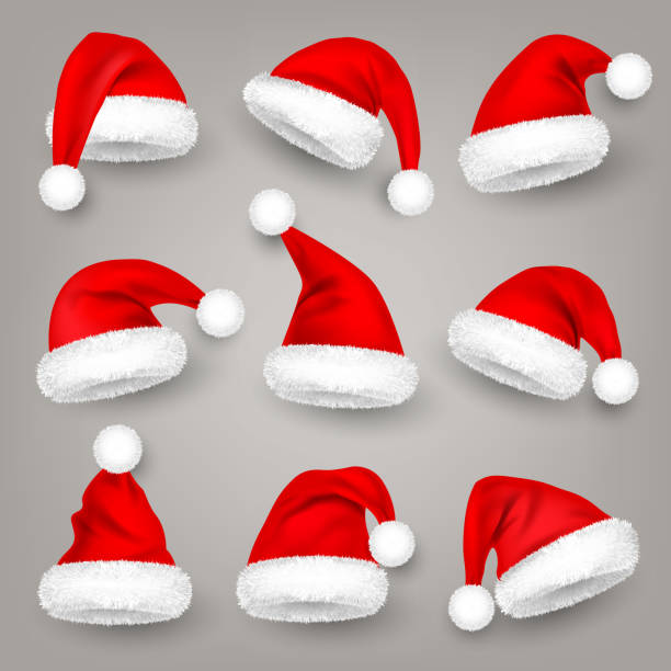 weihnachten weihnachtsmann hüte mit pelz. neujahr roten hut. wintermütze. vektor-illustration - nikolaus mütze stock-grafiken, -clipart, -cartoons und -symbole