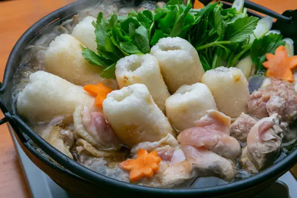 Freshly prepared delicious Akita local cuisine, Hinai chicken kiritanpo hotpot