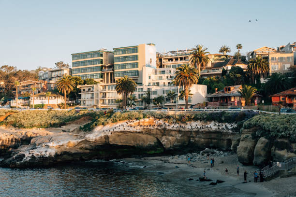 costa rocciosa ed edifici a la jolla, san diego, california - la jolla cove foto e immagini stock