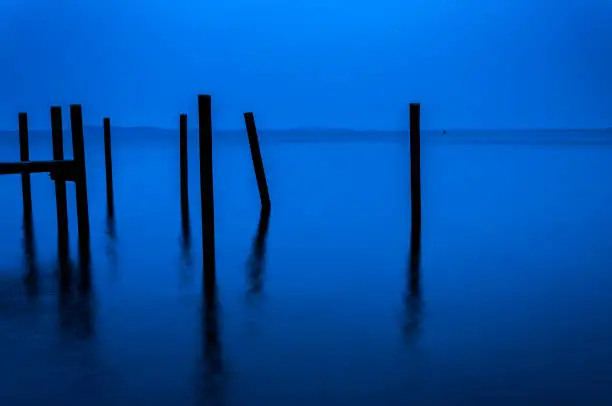 Photo of Pier pilings seen during twilight in the Chesapeake Bay, Havre de Grace, Maryland.