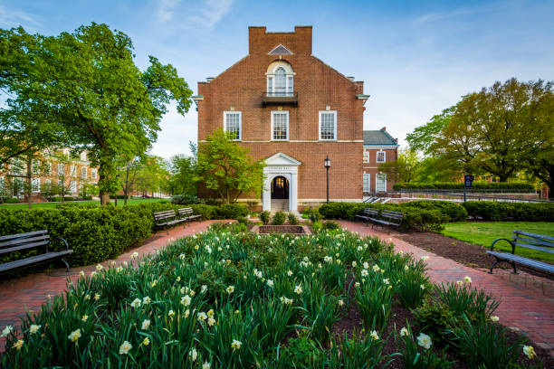 Garden and Latrobe Hall, at Johns Hopkins University, Baltimore, Maryland stock photo