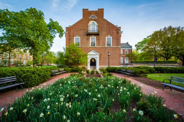 Garden and Latrobe Hall, at Johns Hopkins University, Baltimore, Maryland