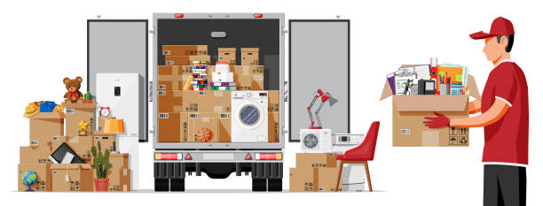 lieferwagen voll von home-sachen innen. - truck moving van moving house box stock-grafiken, -clipart, -cartoons und -symbole