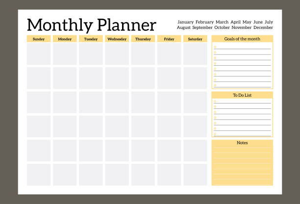 ilustrações de stock, clip art, desenhos animados e ícones de monthly planner template, to do list, notes, goals. schedule for study or work. abstract clear yellow vector illustration. - monthly