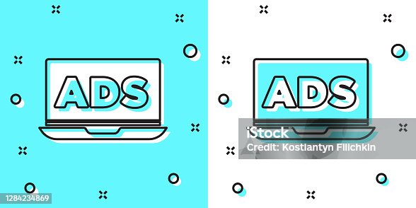 istock Black line Advertising icon isolated on green and white background. Concept of marketing and promotion process. Responsive ads. Social media advertising. Random dynamic shapes. Vector 1284234869