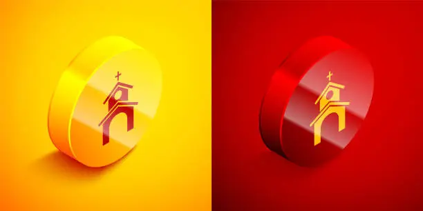 Vector illustration of Isometric Church building icon isolated on orange and red background. Christian Church. Religion of church. Circle button. Vector