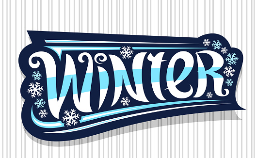 Vector banner for Winter, dark badge with unique curly calligraphic font, illustration of winter snow flakes, decorative greeting card with hand writing lettering winter on gray striped background.
