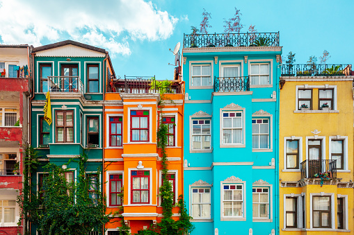 Colourful houses in Balat popular among tourists , Istanbul, Turkey
